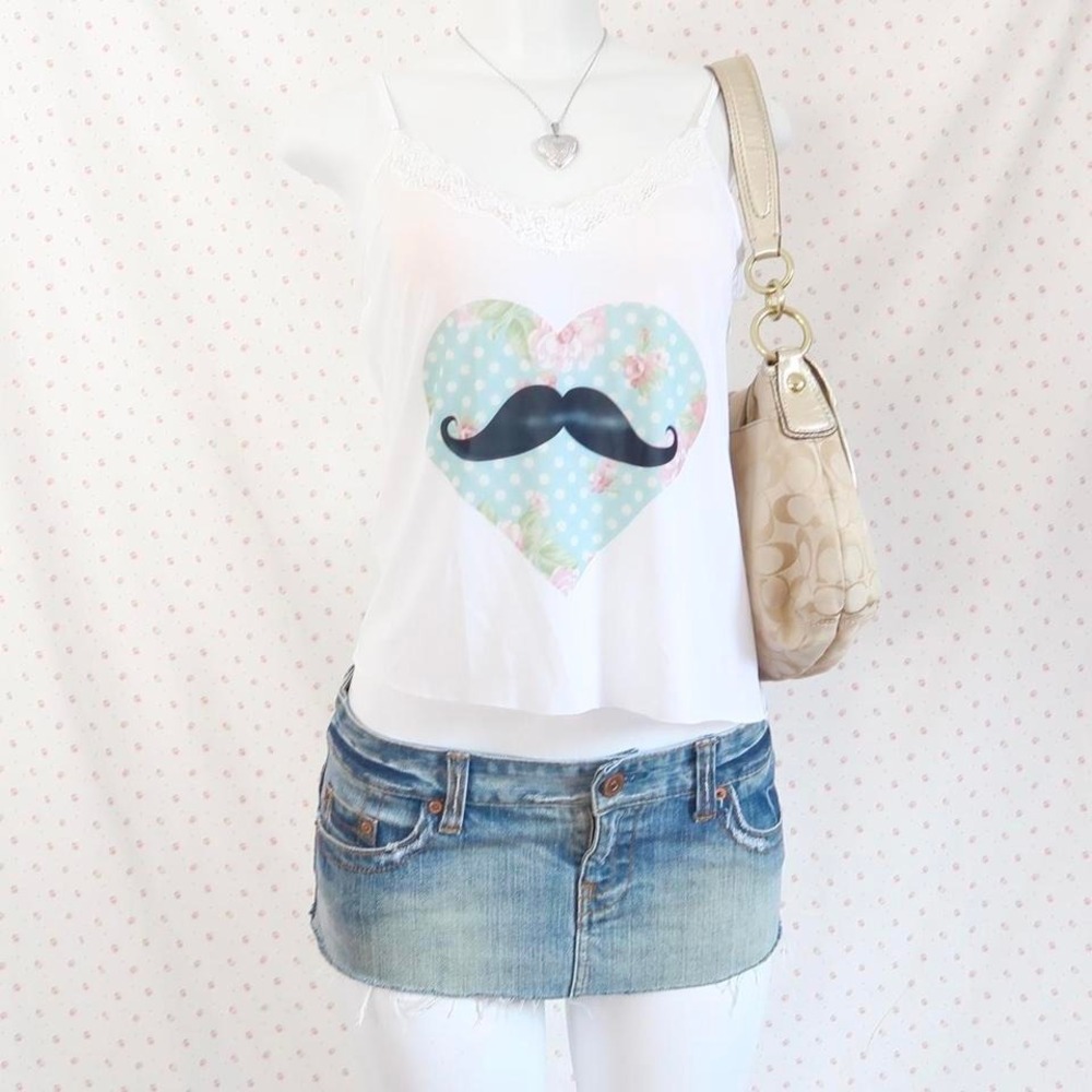 mustache heart lace trim cami tumblr indie sleaze graphic tank